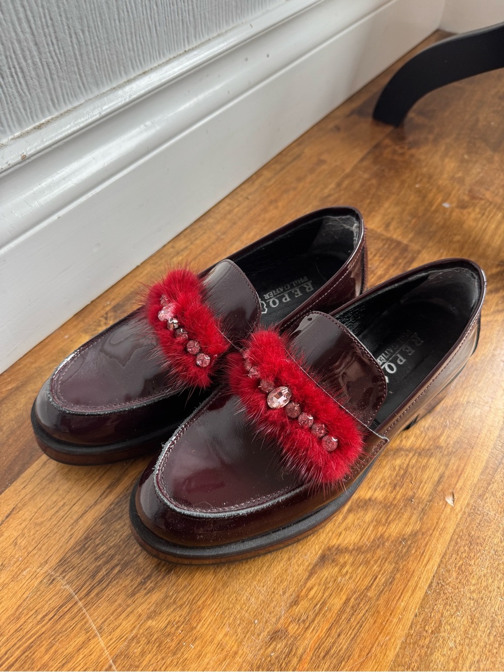 Patent-Style Burgundy Loafers with Red Fur & Crystal Detail